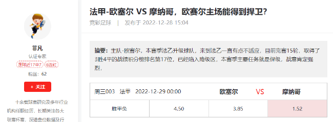 新浪彩票专家菲凡竞彩推荐：摩纳哥客场凯旋