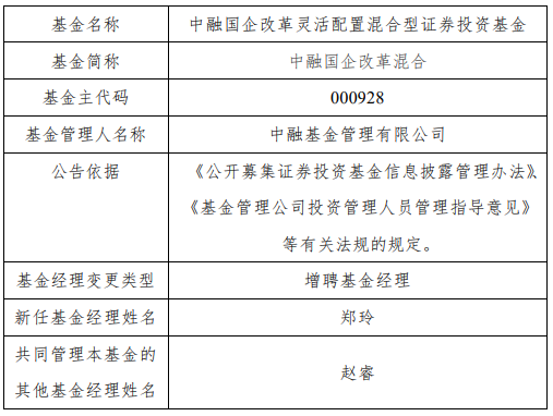 中融优势产业中融国企改革增聘基金经理郑玲