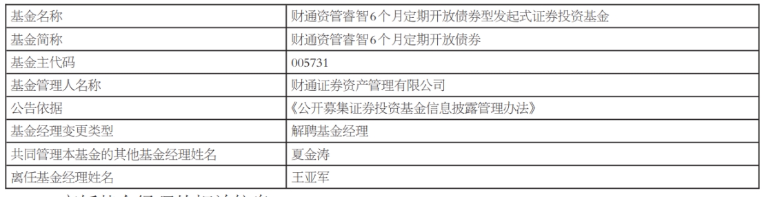 财通资管王亚军离任4只债券基金