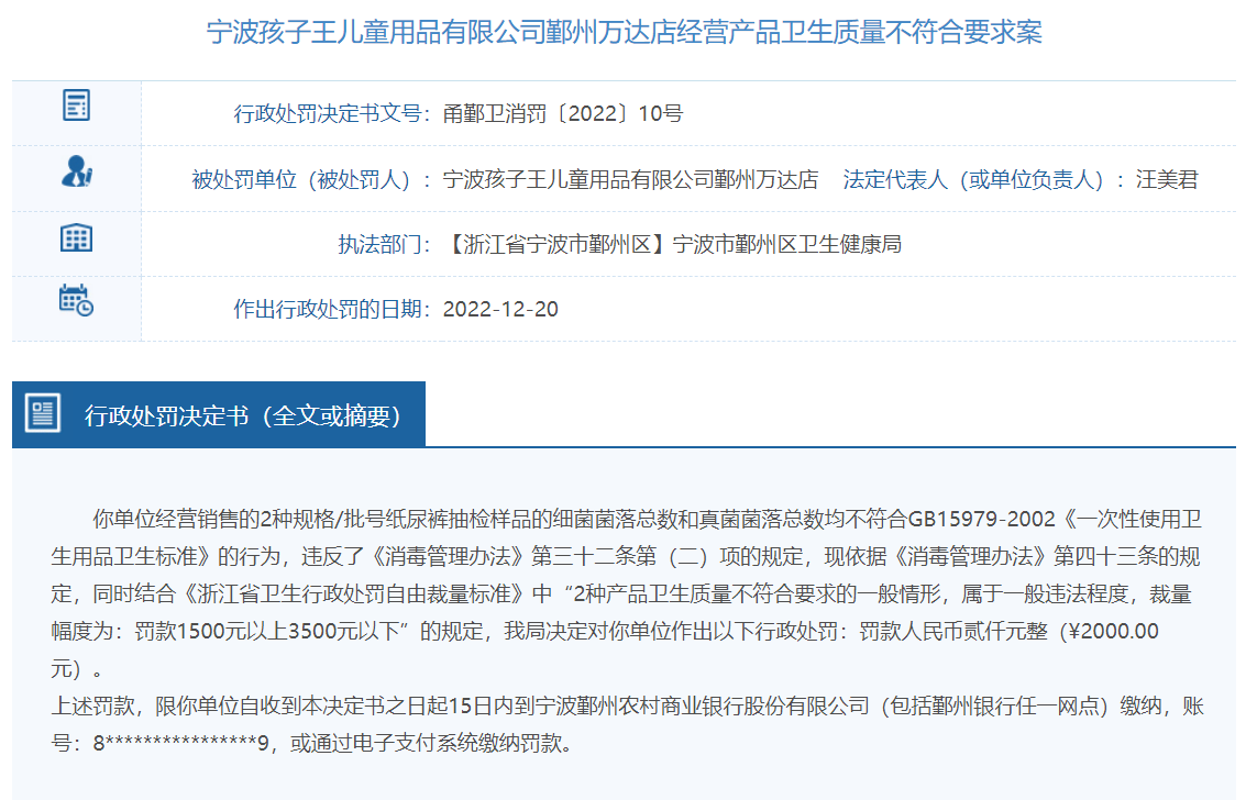宁波孩子王某门店被罚 2种纸尿裤菌落总数不符合标准