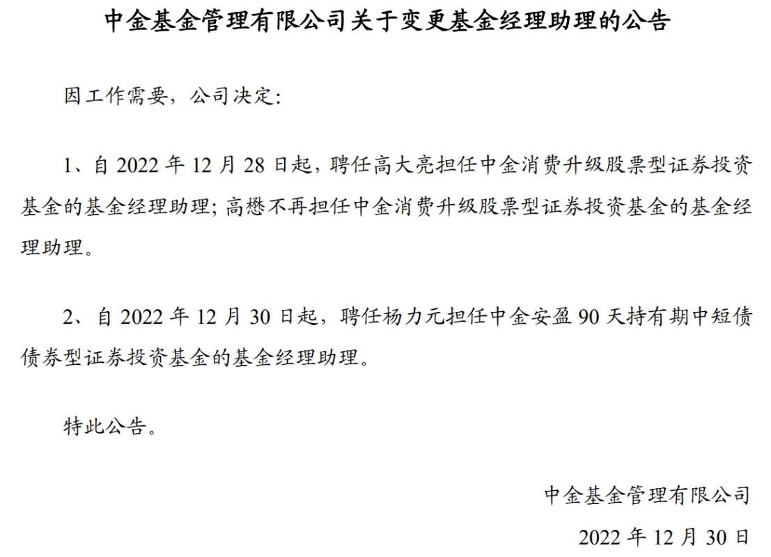 >中金基金2只基金变更基金经理助理