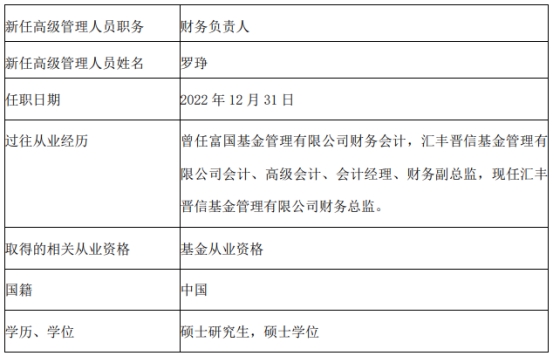 汇丰晋信基金首席信息官风控负责人等高管变更