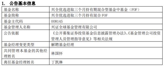 兴证全球基金丁凯琳离任3只混基