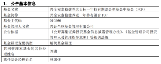 林国怀离任兴全安泰稳健养老一年持有混合