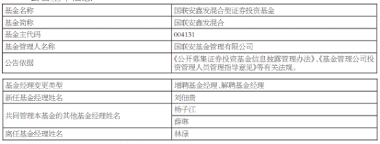 国联安基金4只混基增聘基金经理刘佃贵 林渌离任