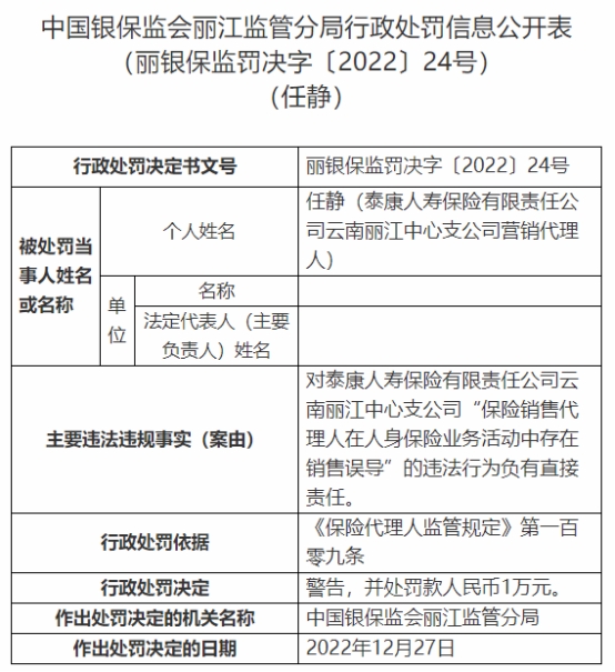 泰康人寿云南两支公司违法被罚 未按规使用保险费率等