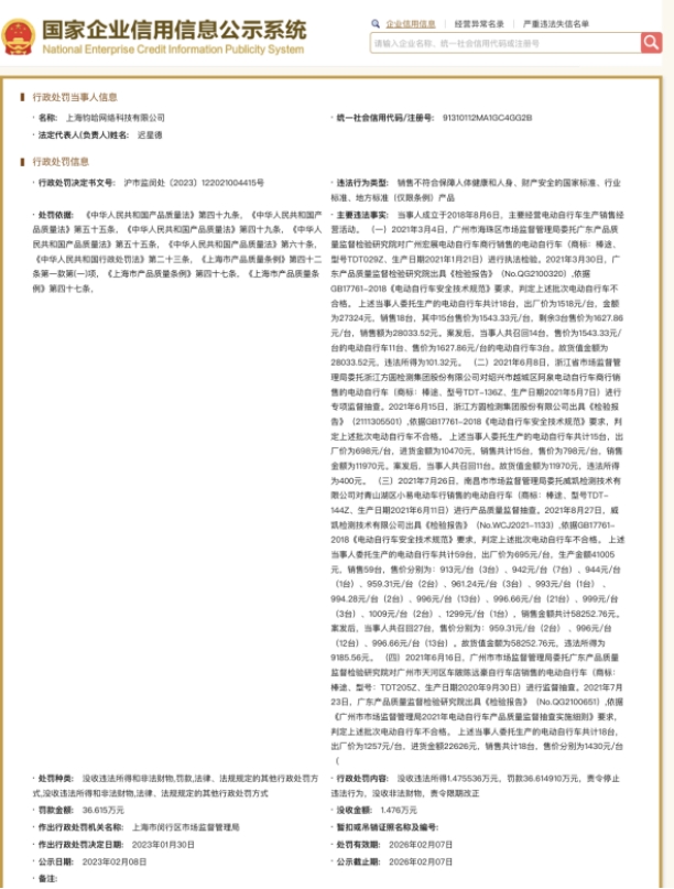 哈啰销售不合格电动自行车 收上海市监局处罚