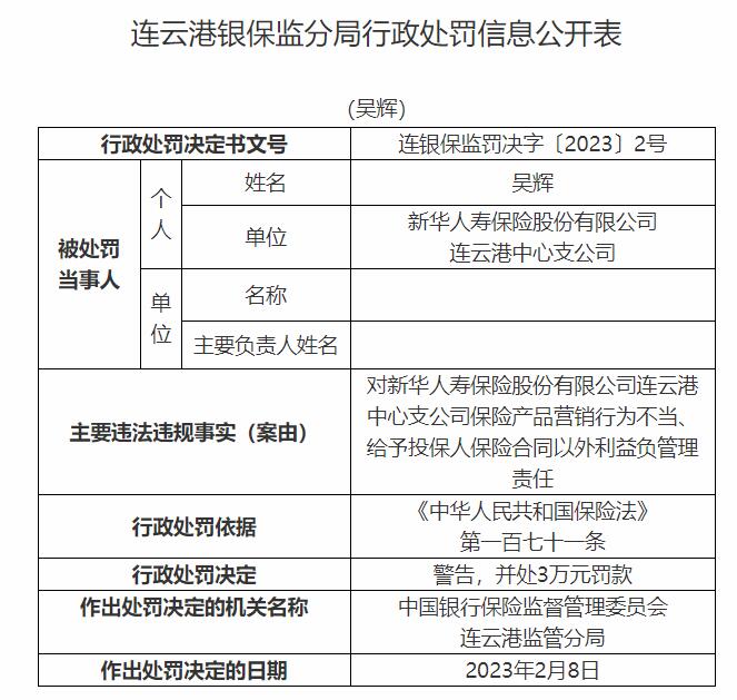 新华保险连云港中支营销行为不当等违规 7责任人被罚