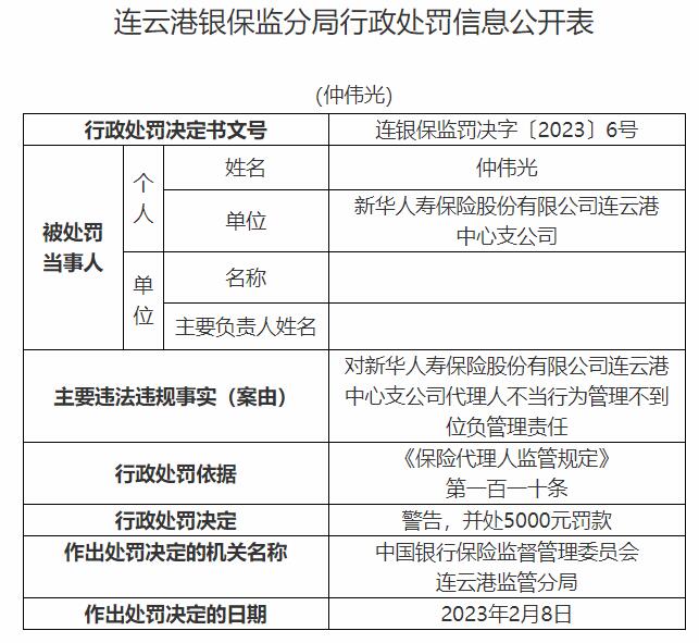 新华保险连云港中支营销行为不当等违规 7责任人被罚