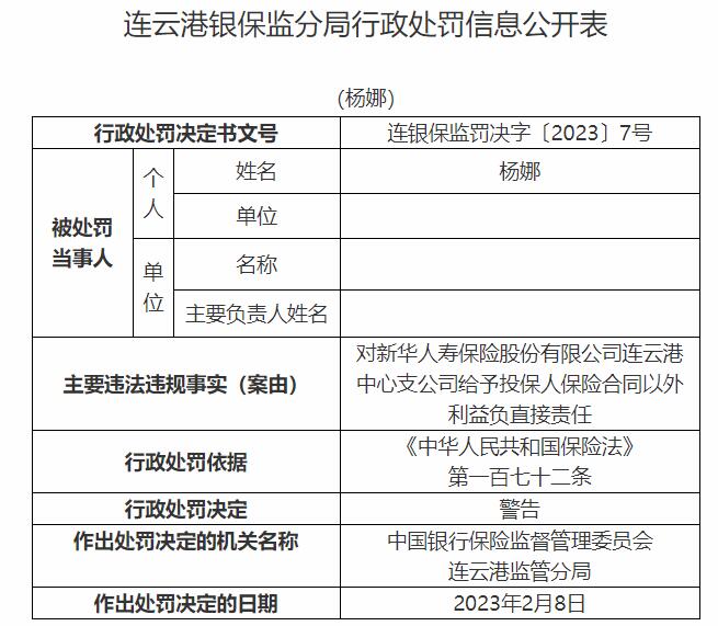 新华保险连云港中支营销行为不当等违规 7责任人被罚