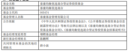 泰康均衡优选混合增聘基金经理陈鹏辉 去年跌26%