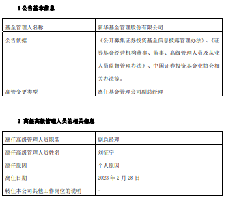 新华基金副总经理刘征宇因个人原因离任