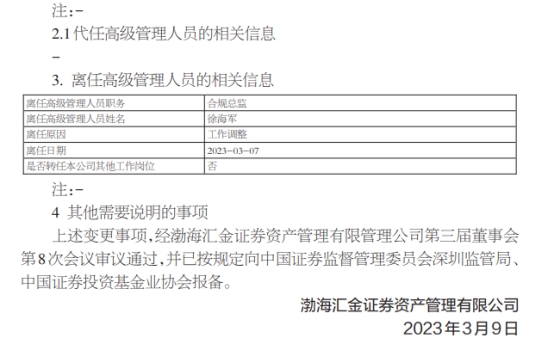 渤海汇金证券资管合规总监徐海军离任 吕传红继任