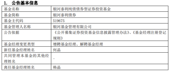 银河基金韩晶离任3只基金