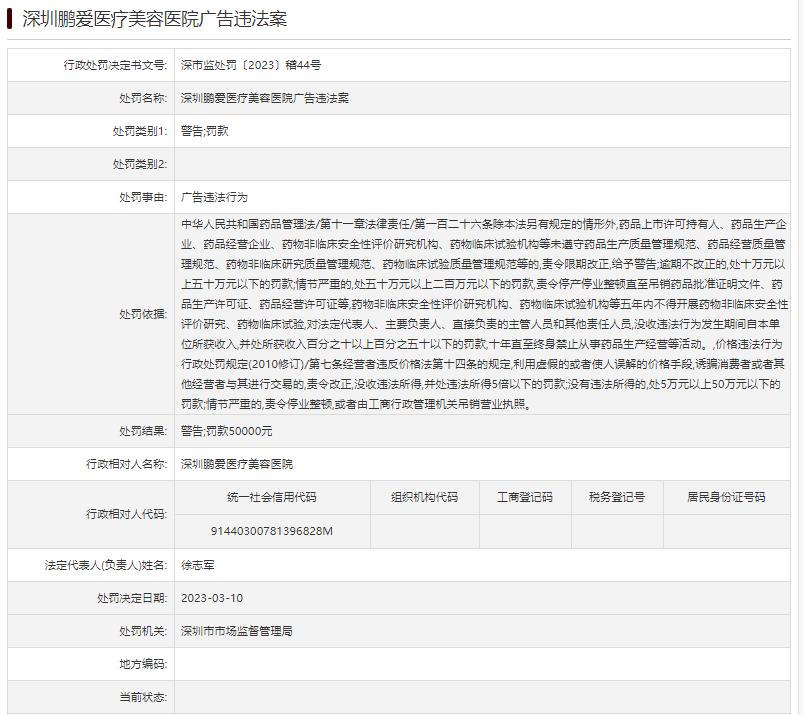 深圳鹏爱医疗美容医院被罚 存在广告违法行为