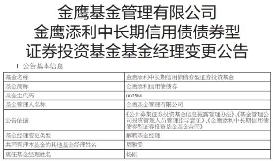 金鹰基金杨刚离任3只债券基金