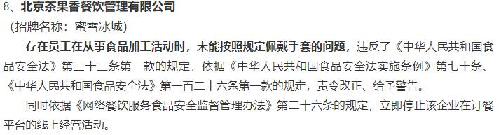 北京海淀查处46家食品安全问题餐饮店 蜜雪冰城7登榜