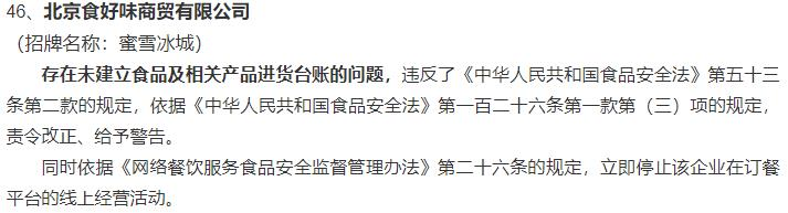 北京海淀查处46家食品安全问题餐饮店 蜜雪冰城7登榜