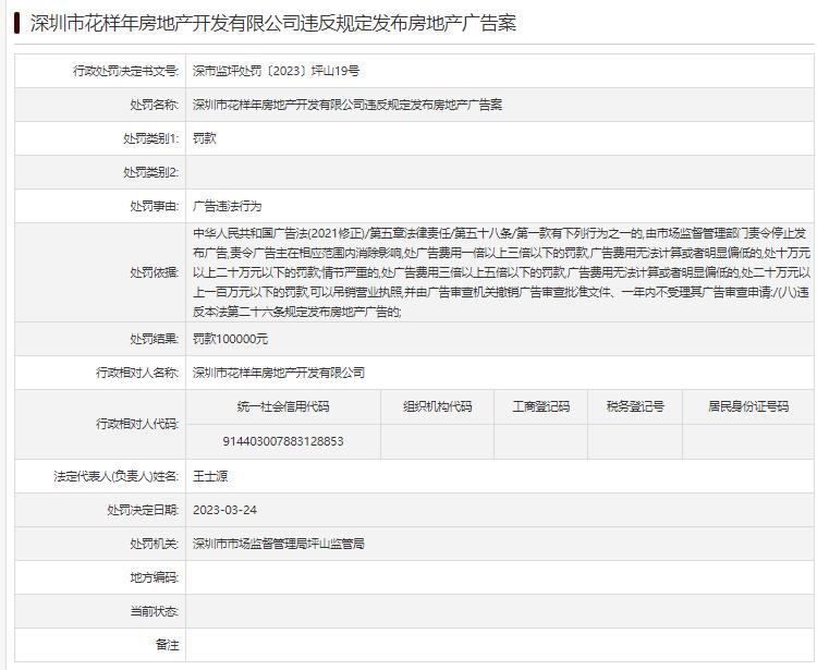 深圳花样年房地产开发公司被罚10万 存在广告违法行为