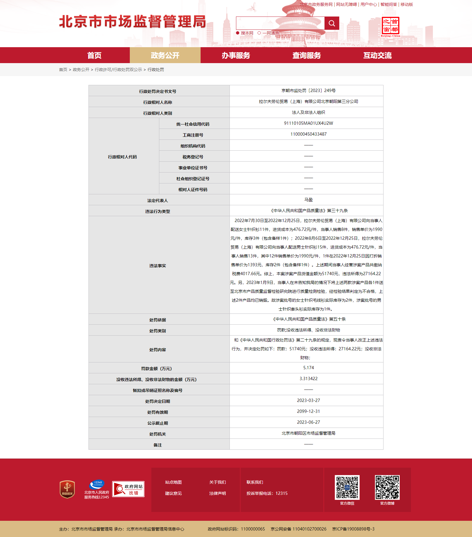 >拉尔夫劳伦朝阳某分公司被罚 销售不合格针织衫