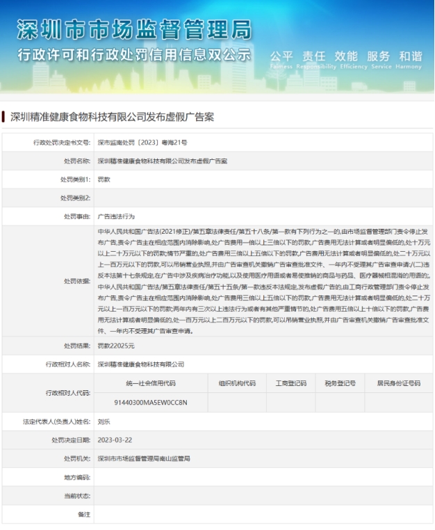 深圳精准健康食物科技公司被南山区处罚 发布虚假广告