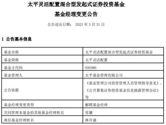 >林开盛离任太平灵活配置混合 成立来累计亏损42%