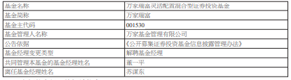 苏谋东离任万家瑞富灵活配置混合