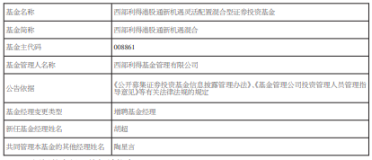 >西部利得港股通新机遇增聘基金经理胡超 年内跌11%