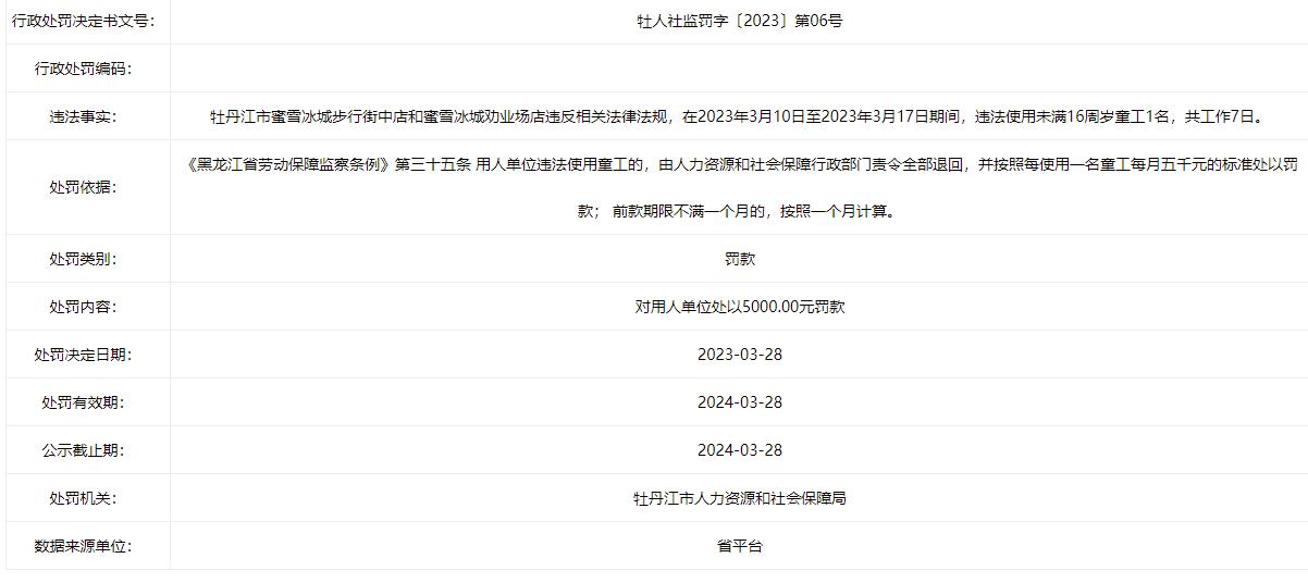 蜜雪冰城牡丹江某门店被罚 使用未满16周岁童工1名