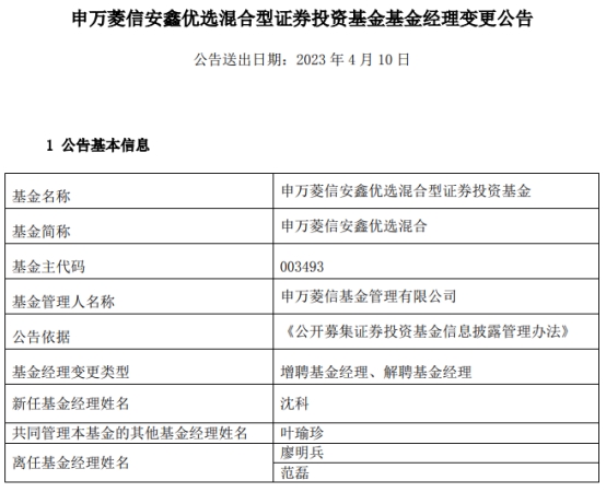 申万菱信安鑫优选混合增聘沈科 廖明兵与范磊离任