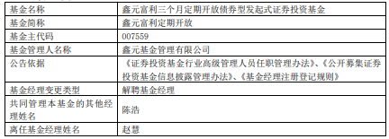 赵慧离任鑫元富利三个月定期开放债券