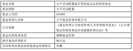 >太平灵活配置增聘基金经理杨行远 成立以来跌43%