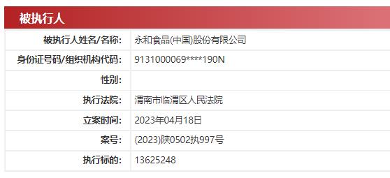 >永和食品及子公司新增被执行人 执行标的1362.52万元