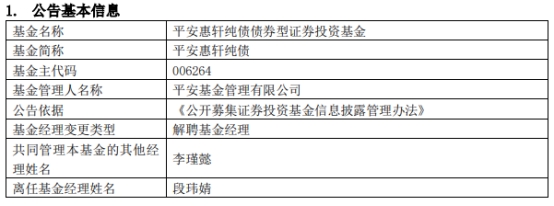 >段玮婧离任平安惠轩纯债与平安惠涌纯债