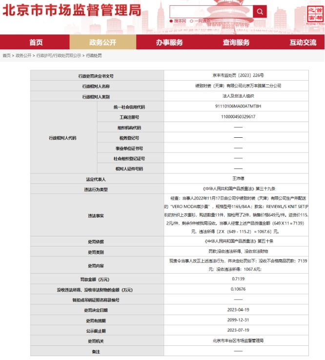 绫致时装北京丰台被罚 生产销售不合格