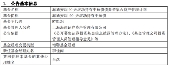 >海通安润90天滚动持有中短债增聘基金经理李佳闻