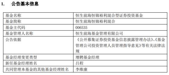 >恒生前海恒锦裕利混合增聘基金经理吕程