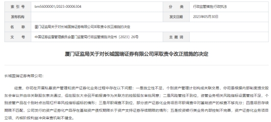 长城国瑞证券被责令改正 存投行内控不完善等5项问题