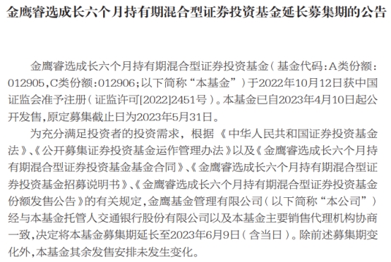 >金鹰睿选成长六个月持有期混合二度延长募集期