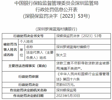 >深圳罗湖蓝海村镇银行违规被罚 最大股东为青农商行