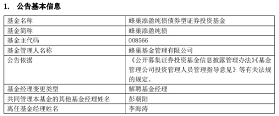 >李海涛离任蜂巢添盈纯债