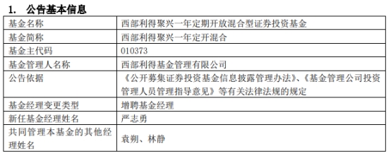 >西部利得聚兴一年定开混合增聘基金经理严志勇