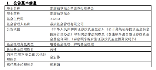 泰康颐享混合增聘基金经理黄钟 蒋利娟离任