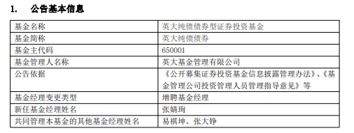 英大纯债债券与英大安惠纯债增聘基金经理张婧珣