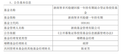 >浙商智多兴稳健回报一年持有期混合增聘基金经理胡羿