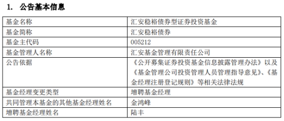 >汇安稳裕债券增聘基金经理陆丰