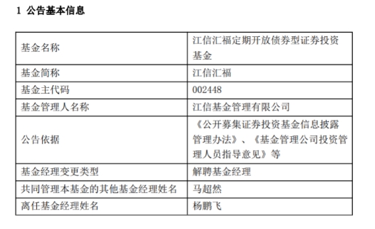 江信基金杨鹏飞离任2只基金