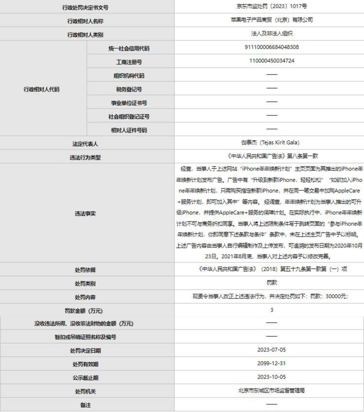 >苹果公司违法被罚3万 “焕新计划”广告未标明限制条件