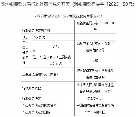 >潍坊市奎文区中成村镇银行被罚 大股东为成都农商行