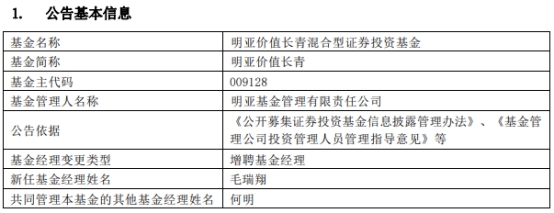 明亚价值长青混合增聘基金经理毛瑞翔